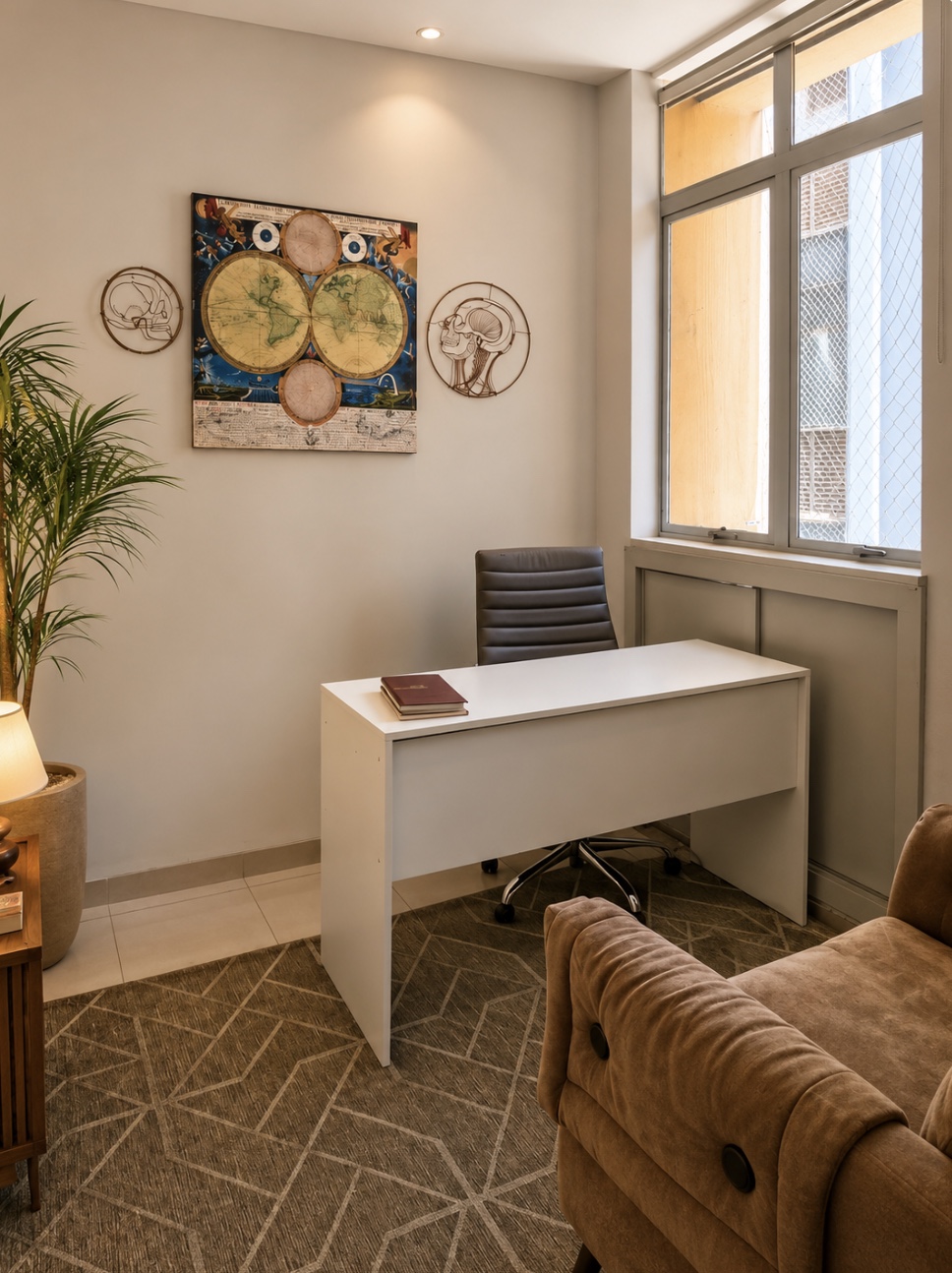 Sala 1 Compacta da Clínica FT, com mesa, poltrona e iluminação natural