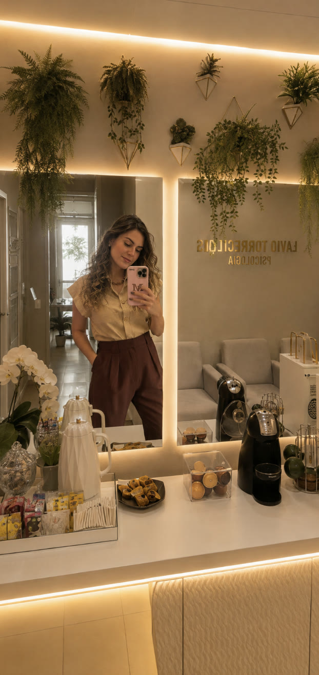 Profissional que compartilha a clínica, refletida no espelho da copa, diante da bancada de café, chá e doces