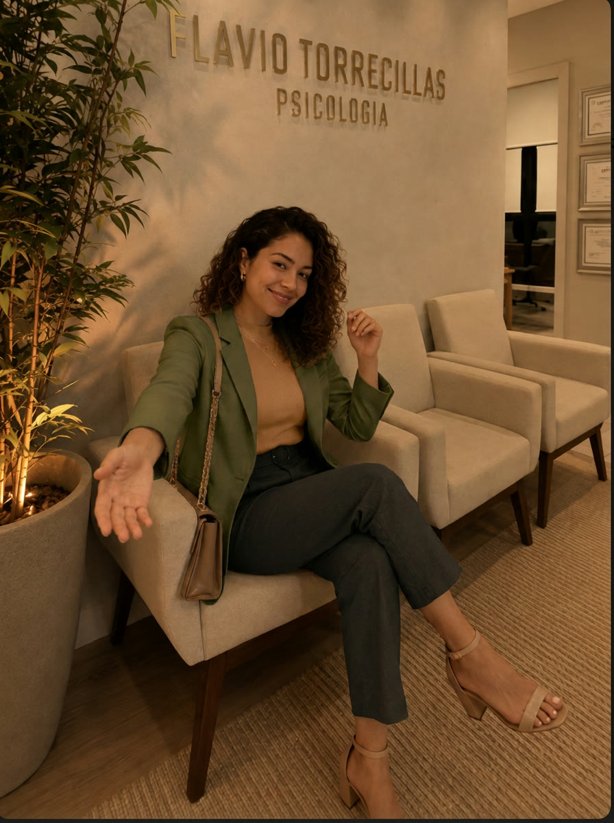 Profissional que compartilha a clínica, sorrindo na sala de espera sob o letreiro