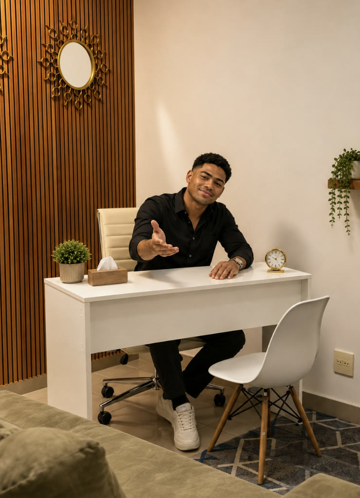 Profissional que compartilha a clínica, à mesa do consultório com painel ripado