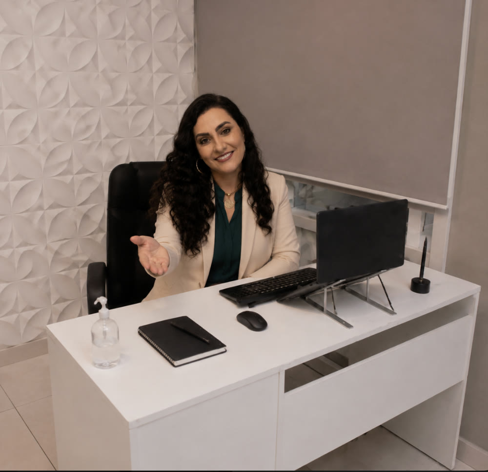 Márcia, recepcionista da Clínica FT, sorrindo à mesa da recepção com gesto de boas-vindas