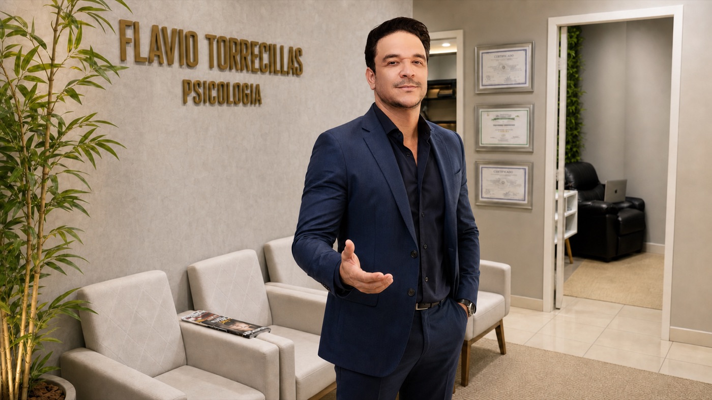 Flávio Torrecillas na recepção da clínica, em frente ao letreiro Flávio Torrecillas Psicologia